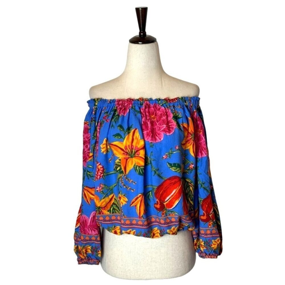 Cynthia‎ Rowley Shirt Women Small Blue Floral Long Puff Sleeve Off Shoulder Top